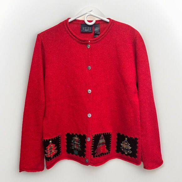 Ugly Christmas Sweater Red Cardigan Wool Tree Plaid Patchwork Cardigan 90s Vtg M - Picture 1 of 10